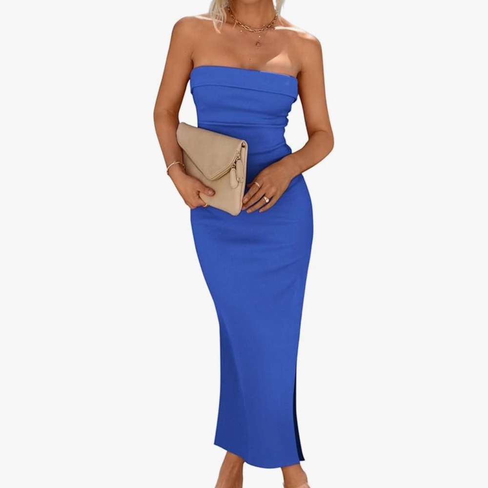 Chic Strapless Blue Maxi Dress